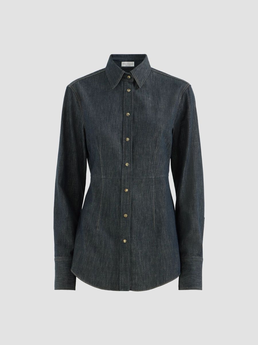 Brunello Cucinelli Women's Cotton Denim-Effect Twill Shirt with Monili - Denim - Size XXS