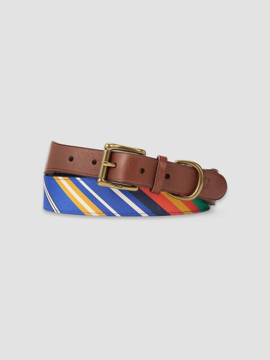 Polo Ralph Lauren Men's Leather-Trim Striped Jacquard Belt - Multi Stripe - Size 42