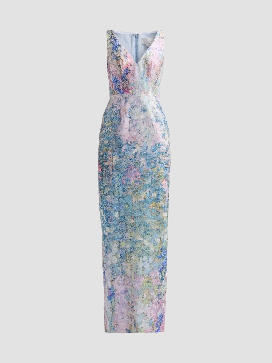 Pamella Roland Women's Abstract Embellished Tulle V-Neck Gown - Blue Multi - Size 2