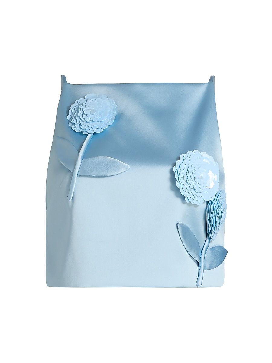 Women's Sequined 3D Floral Satin Top - Blue - Size 0