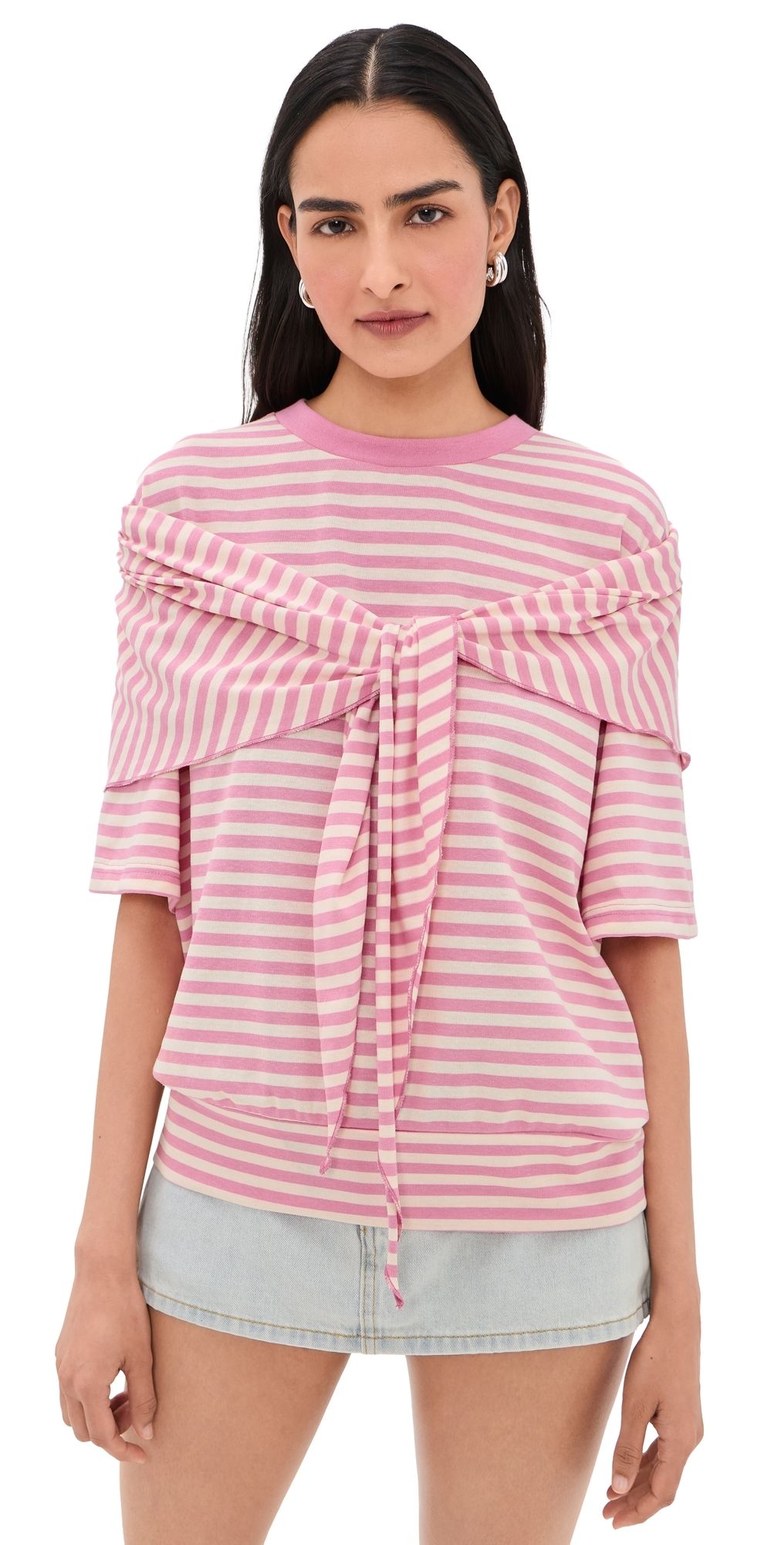 Lioness Olsen Short Sleeve Top Pink Cream Stripe XL