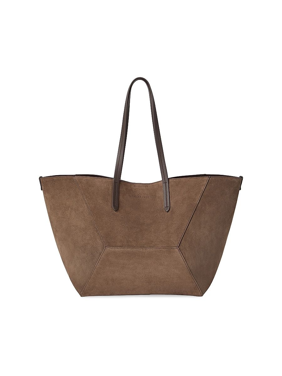 Women's Duo Large Bag in Suede with Monili - Bark