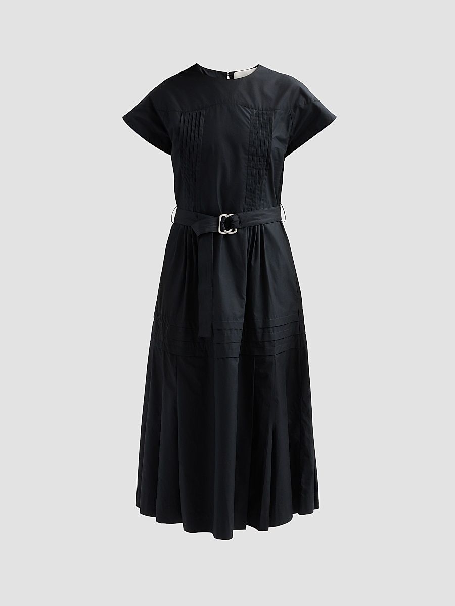 Women's Pleated Cotton Poplin Midi Dress - Black - Size 0