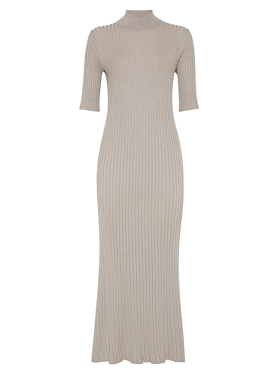 Women's Sparkling Cashmere and Silk Rib Knit Dress - Taupe Smoke - Size XS