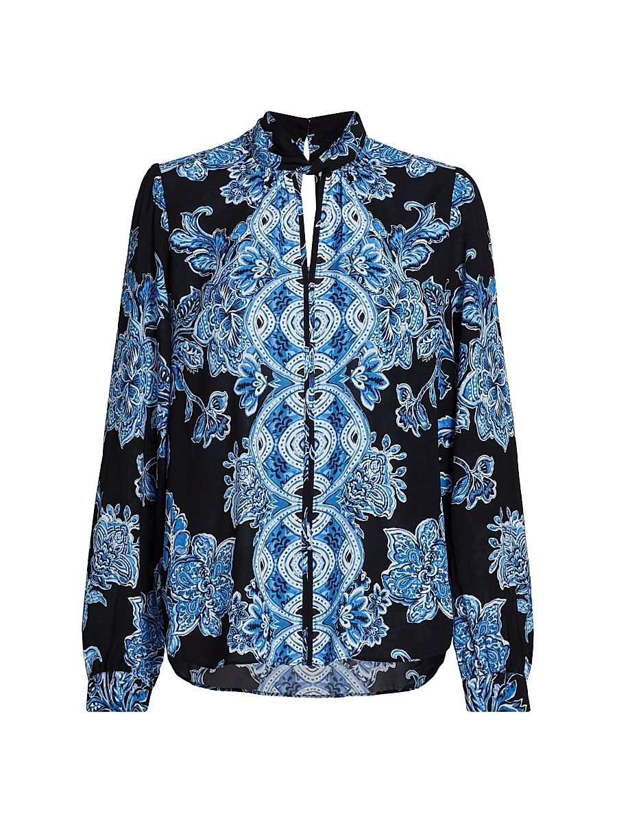 Women's Skylar Floral Satin Long-Sleeve Blouse - Estate Garden Noir Ground - Size Small