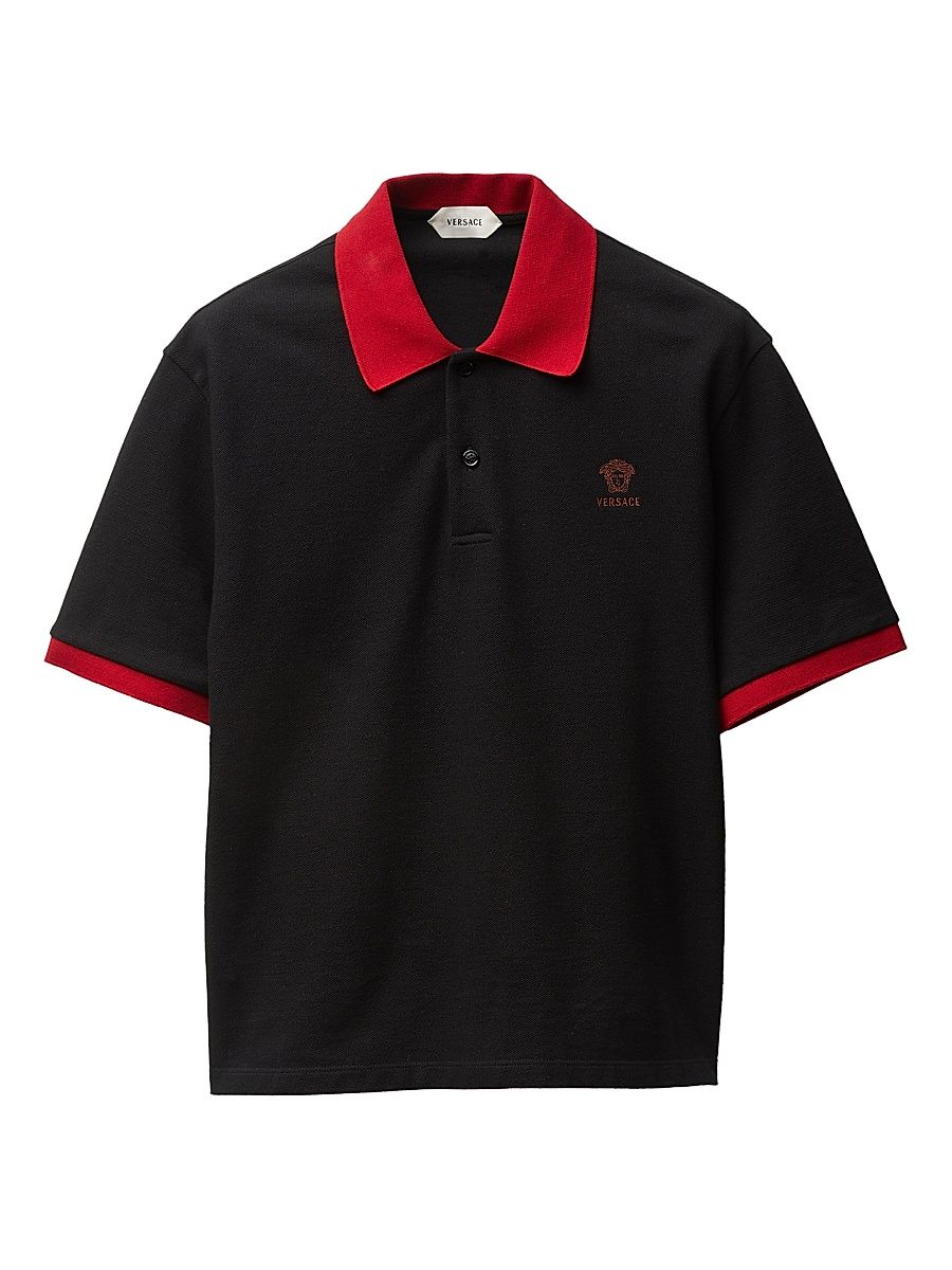 Men's Medusa Embroidered Cotton Polo Shirt - Black Red - Size Large