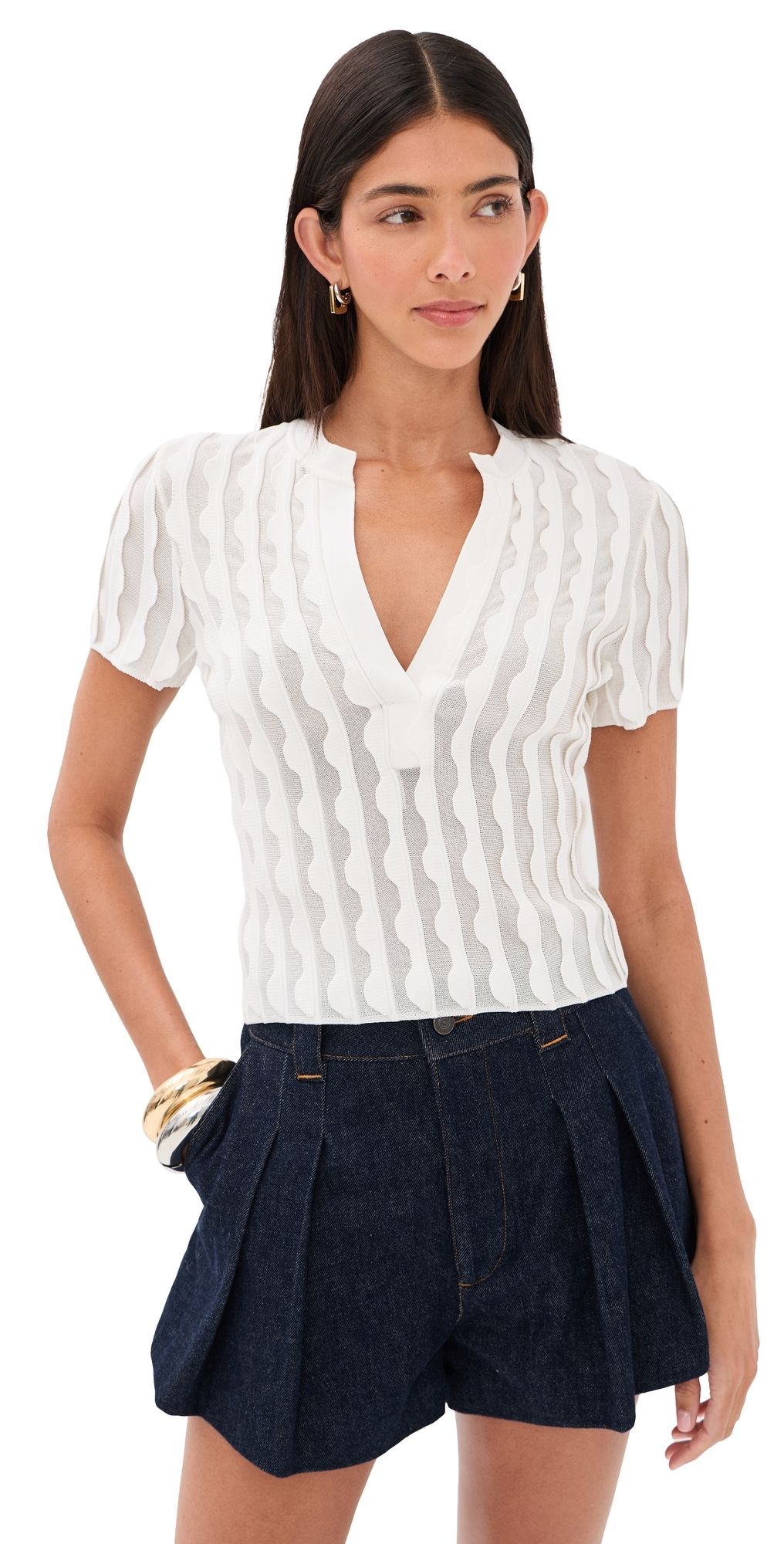 SIMKHAI Mallorie Scalloped Knit Polo Top Ivory XS