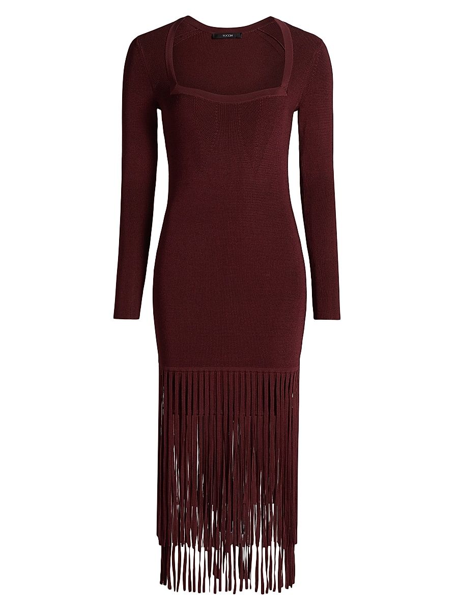Women's Mila Fringe Knit Long-Sleeve Midi-Dress - Burgundy - Size XL