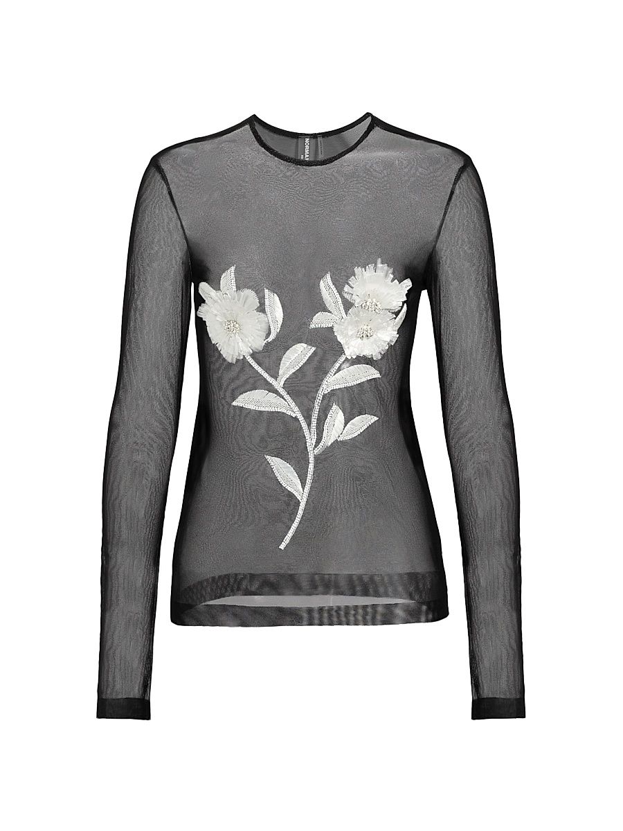 Women's Floral Embroidered Mesh Top - Black And Snow White - Size XS