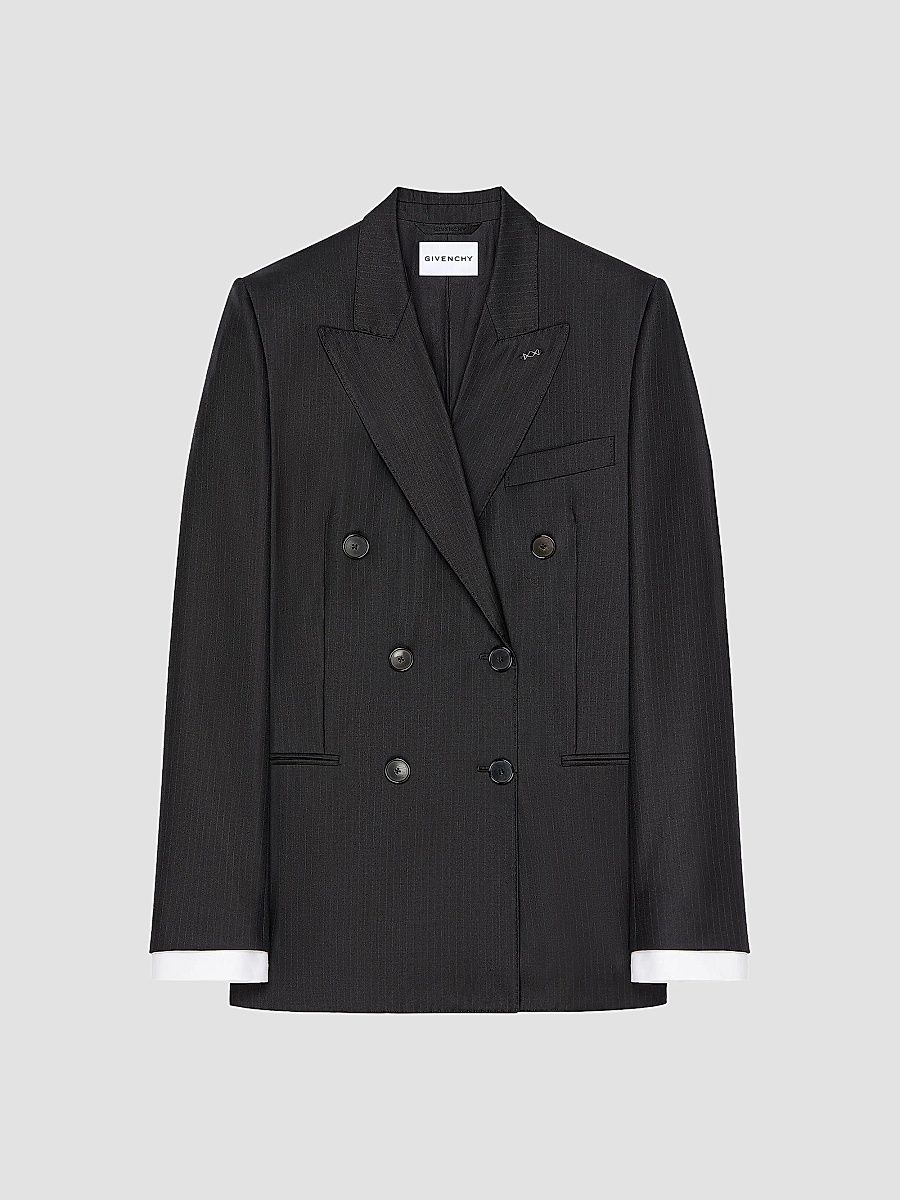 Givenchy Women's Double-Breasted Striped Blazer in Wool - Dark Grey - Size 12