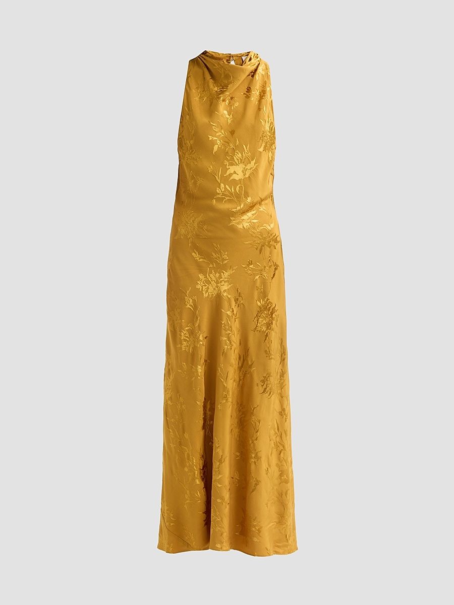 Women's Floral Jacqaurd Cowl Midi Dress - Gold - Size Medium