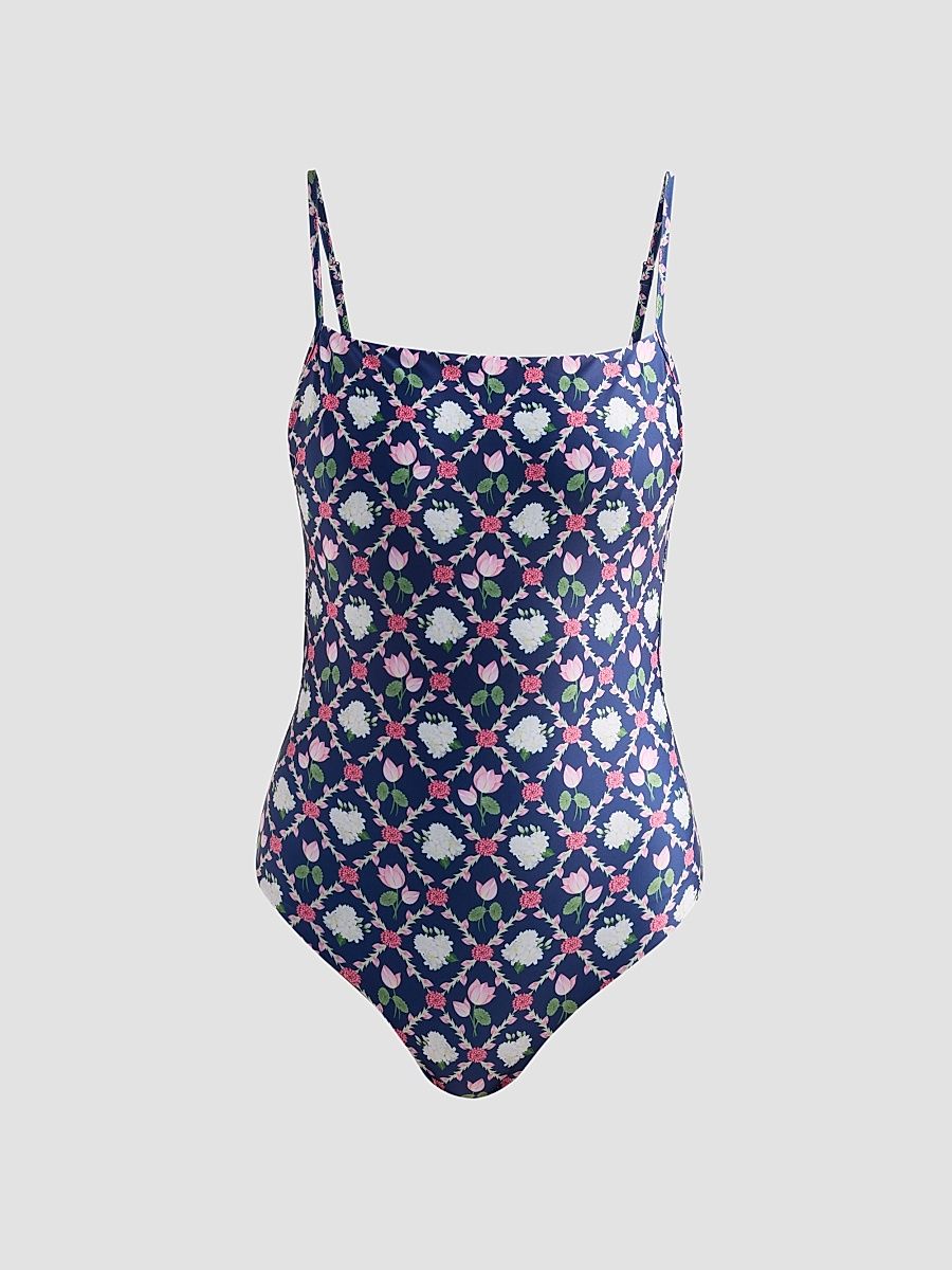 Women's Ammama Square Neck One-Piece Swimsuit - Navy Lotus Checks - Size XS