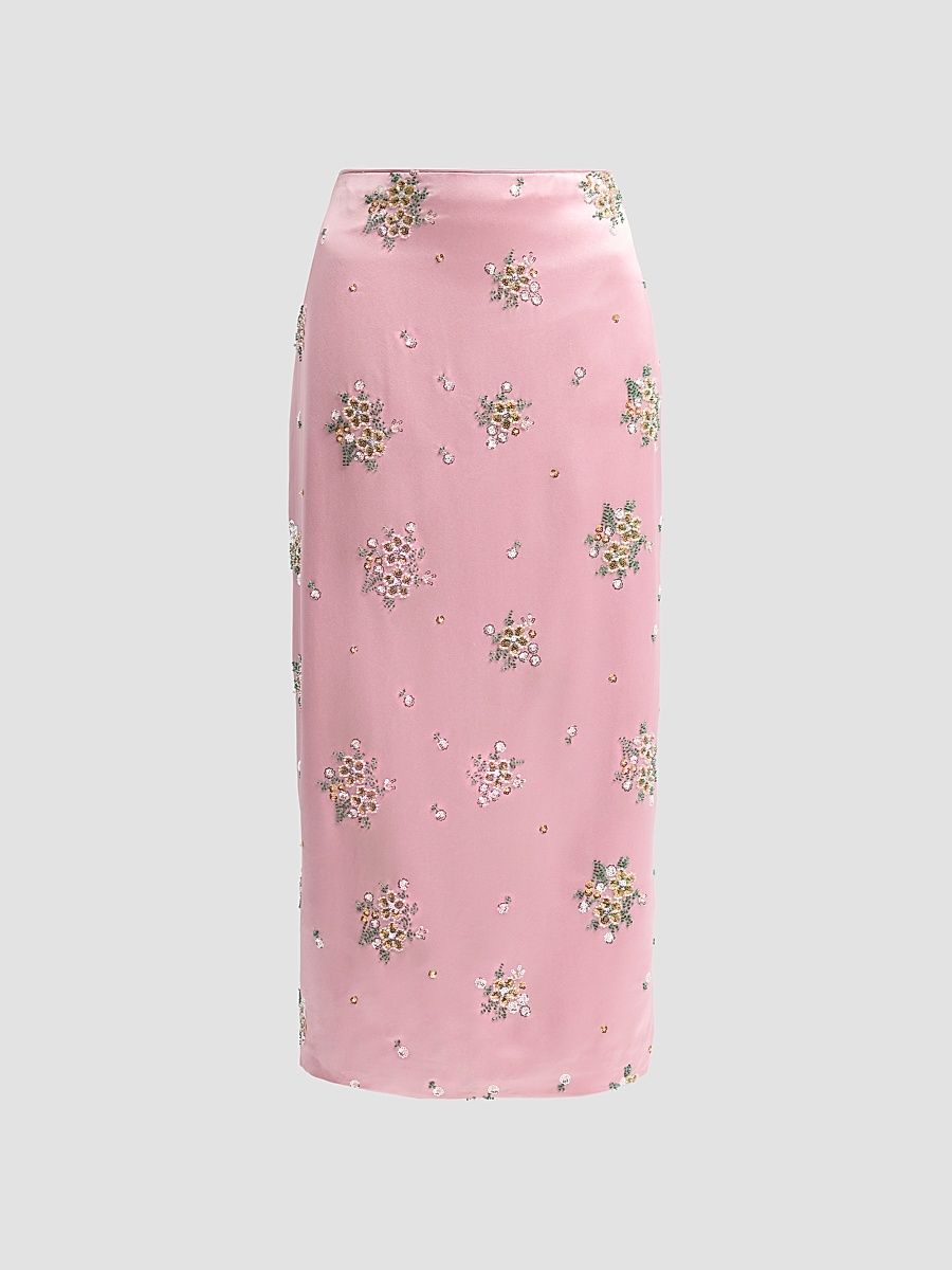Women's Raylen Floral Sequin-Embellished Satin Midi Skirt - Light Pink - Size 4