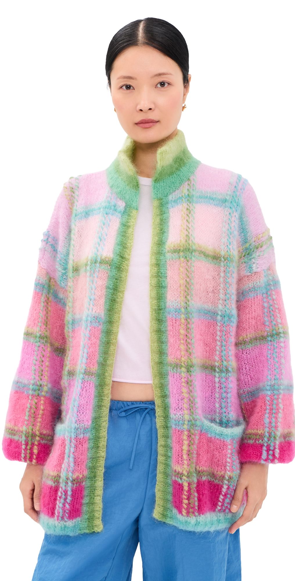Rose Carmine Tartan Long Jacket Pink/Aqua One Size