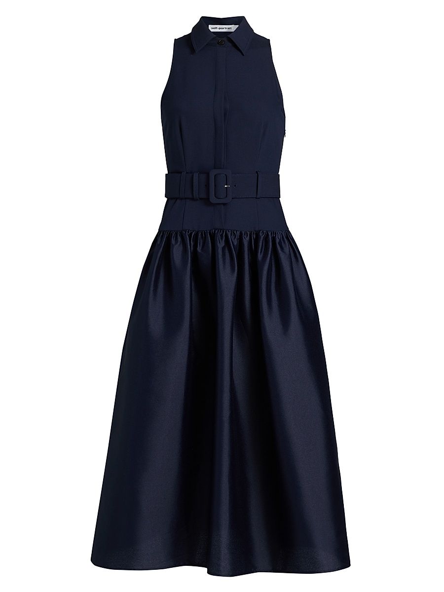Women's Belted Twill Fit & Flare Midi-Dress - Navy - Size 4