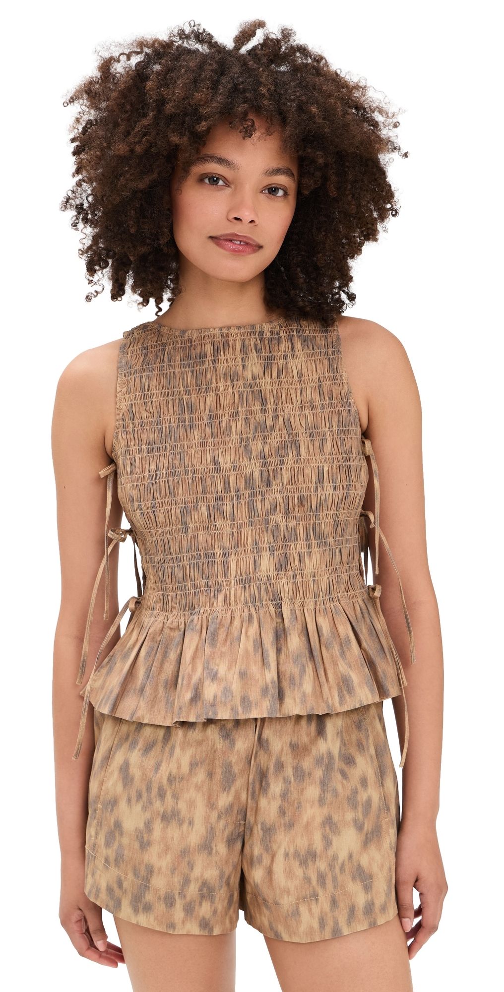 GANNI Cotton Smocked Tie String Top Burro 34