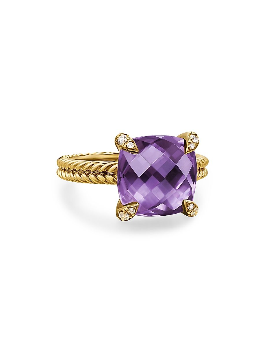 Women's Chatelaine Ring in 18K Yellow Gold with Pavé Diamonds - Amethyst - Size 7