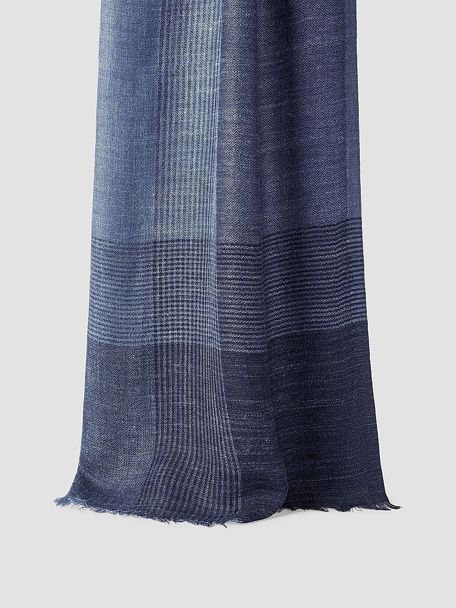 Brunello Cucinelli Men's Silk and Linen Chevron Scarf with Stripes - Denim