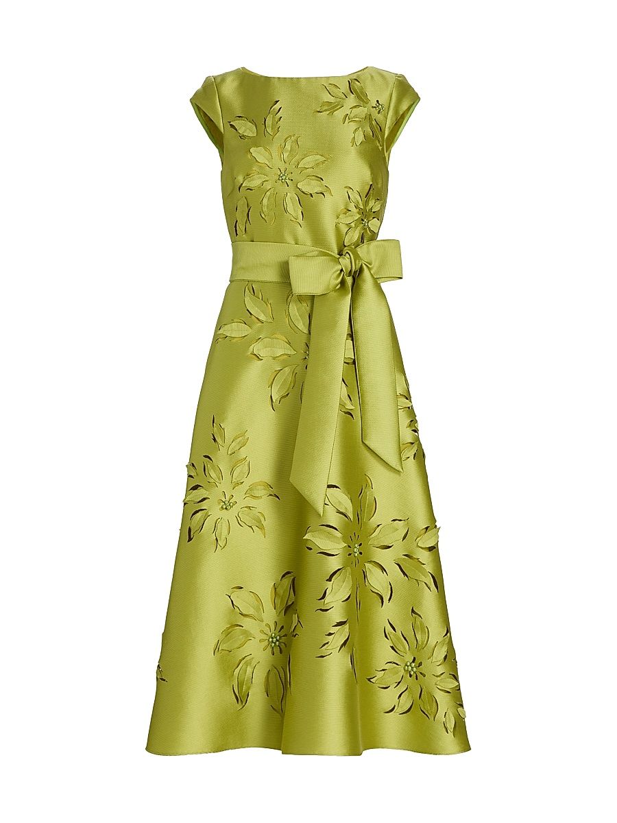 Women's Lasercut Floral Tie Waist Midi-Dress - Chartreuse - Size 10