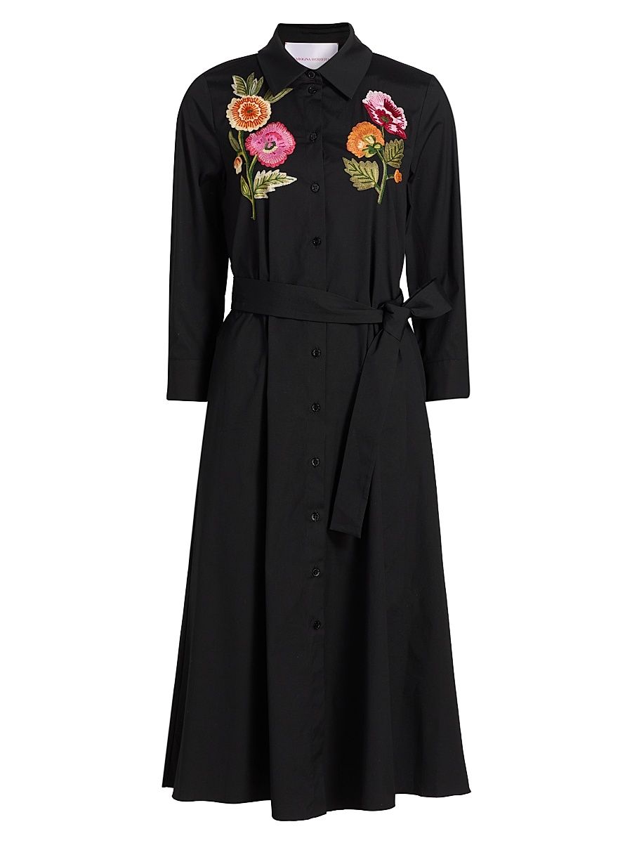 Women's Floral Embroidered Cotton Shirtdress - Black Multi - Size 16