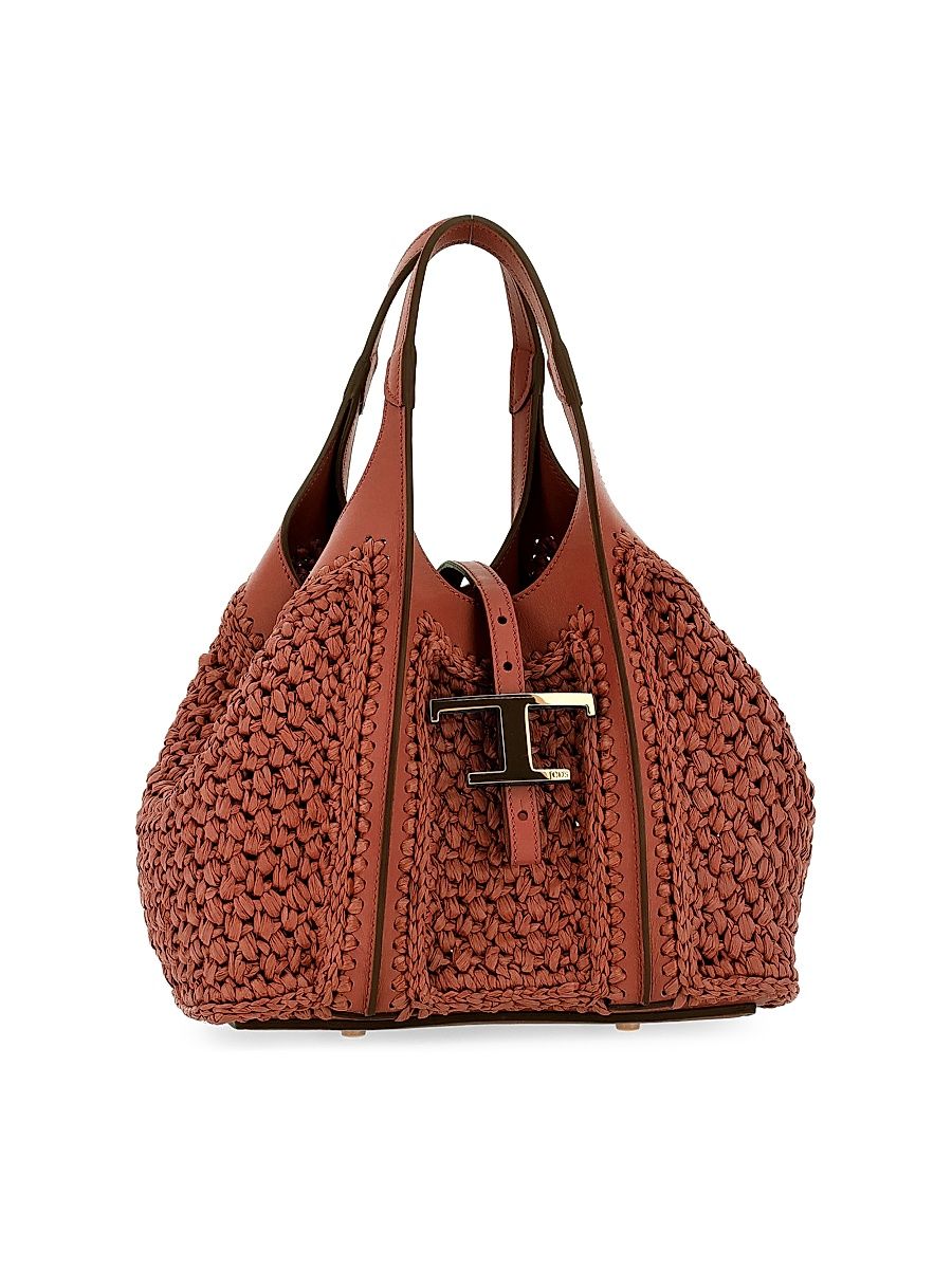 Women's T Timeless Mini Raffia & Leather Shopper Tote Bag - Orange