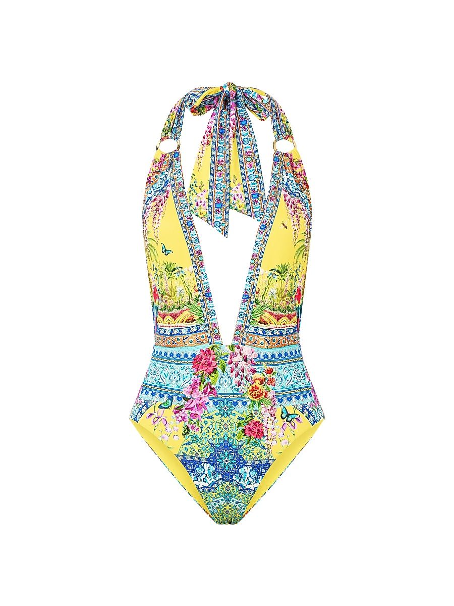 Women's Printed Plunge Backless One-Piece Swimsuit - Size XL