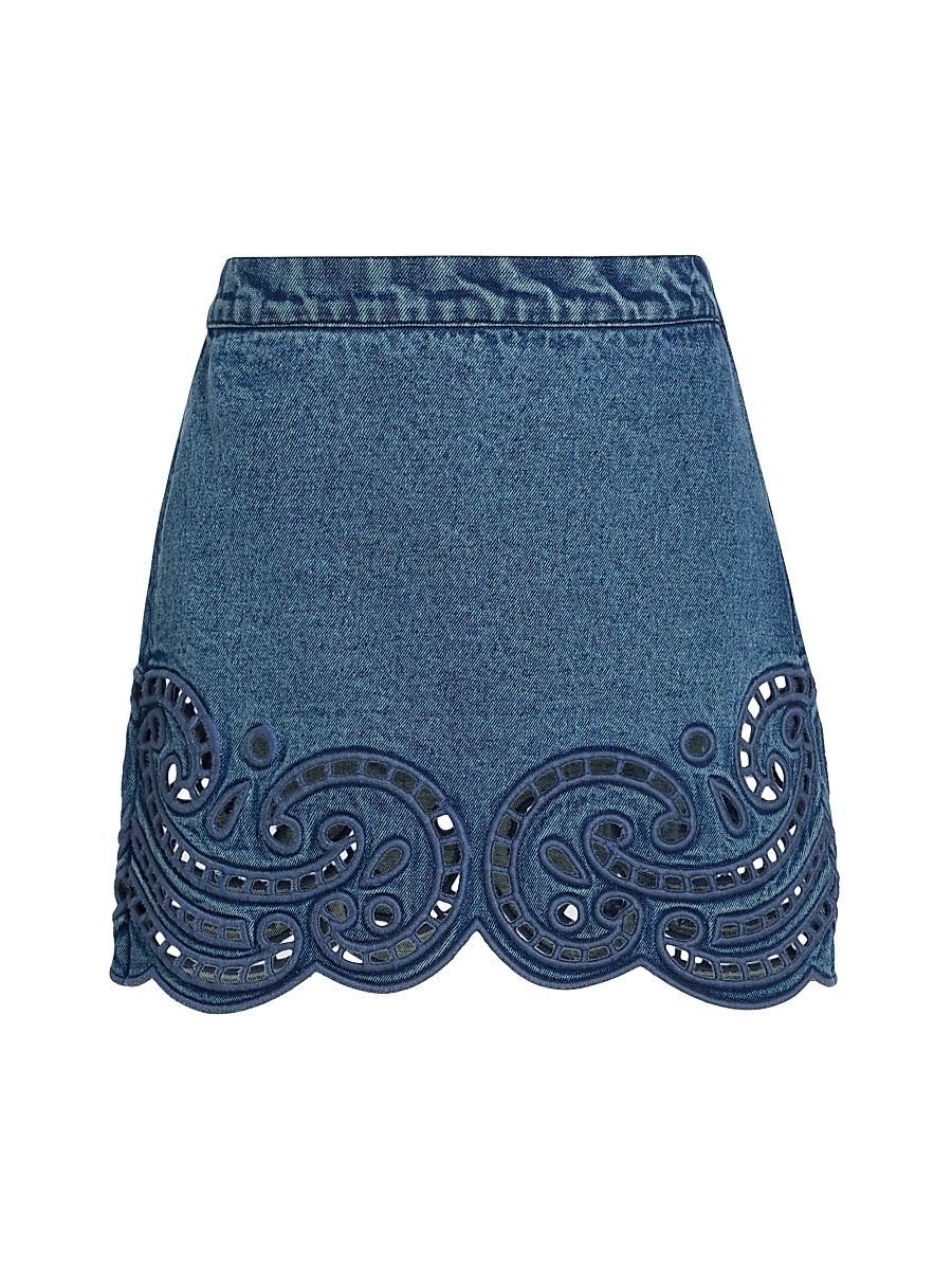 Women's The Cadiz Eyelet Cotton Denim A-Line Miniskirt - River - Size 12