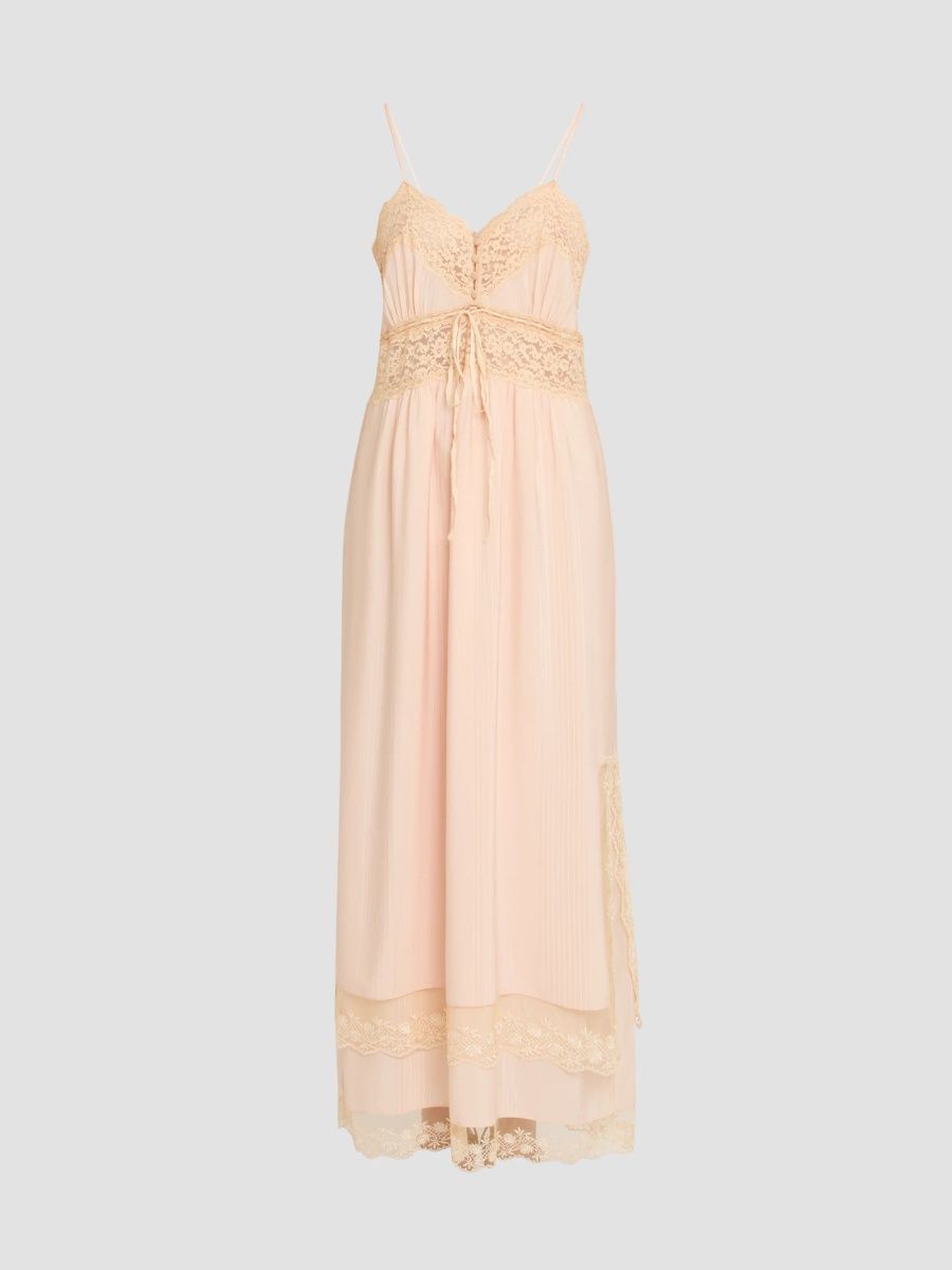 Women's Lace & Silk Maxi Dress - Peachy Pink - Size 2