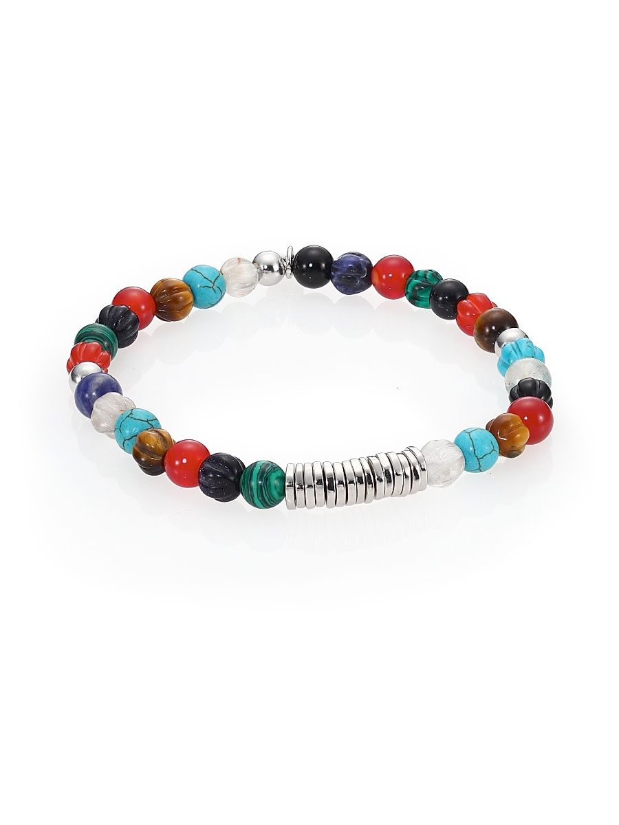 Men's Carnelian & Silver Discs Round Beads Bracelet - Size Medium
