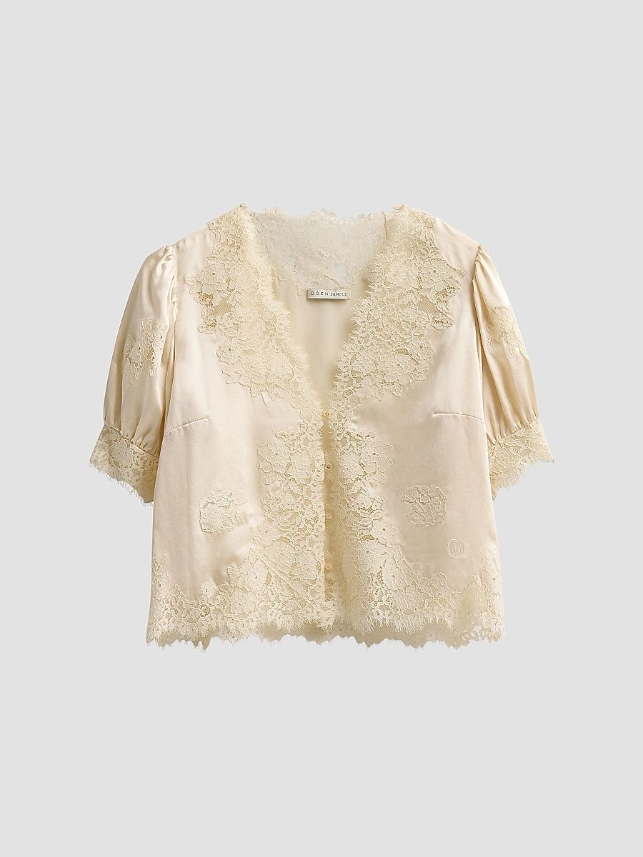Women's Idella Lace-Trim Silk Top - Candlelight - Size Large