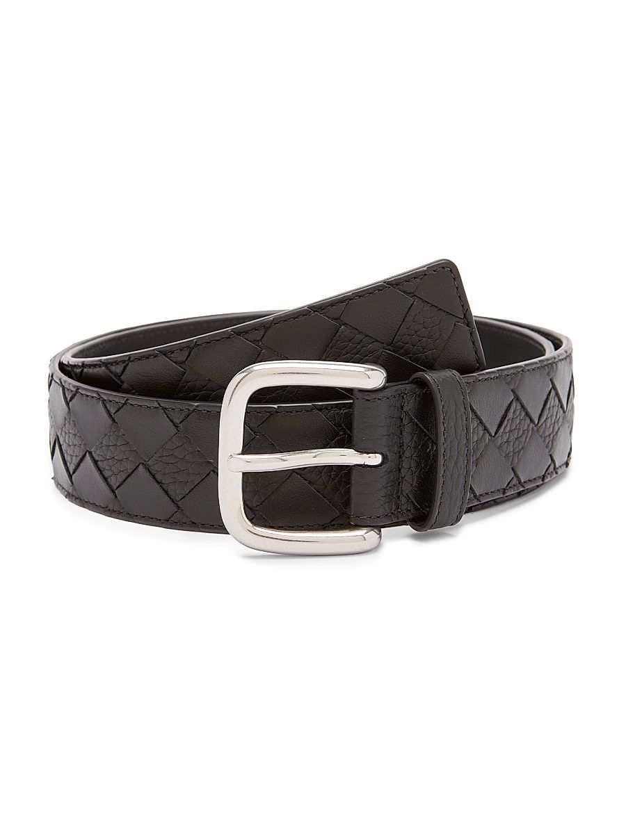 Men's Intrecciato Leather Belt - Black Silver - Size 46