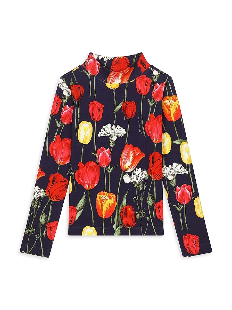 Little Girl's & Girl's Tulip Floral Print Long-Sleeve Top - Black Tulip - Size 6