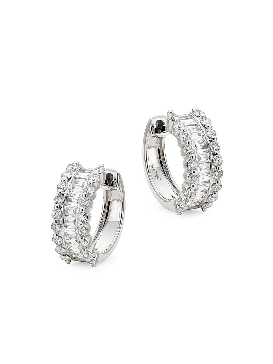 Women's 14K White Gold & 1.16 TCW Diamond Huggie Hoop Earrings - White Gold