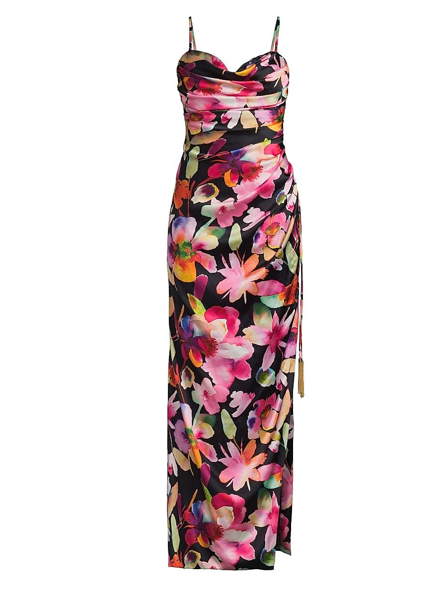 Women's Floral Ruched Sateen Column Gown - Black Multi - Size 6