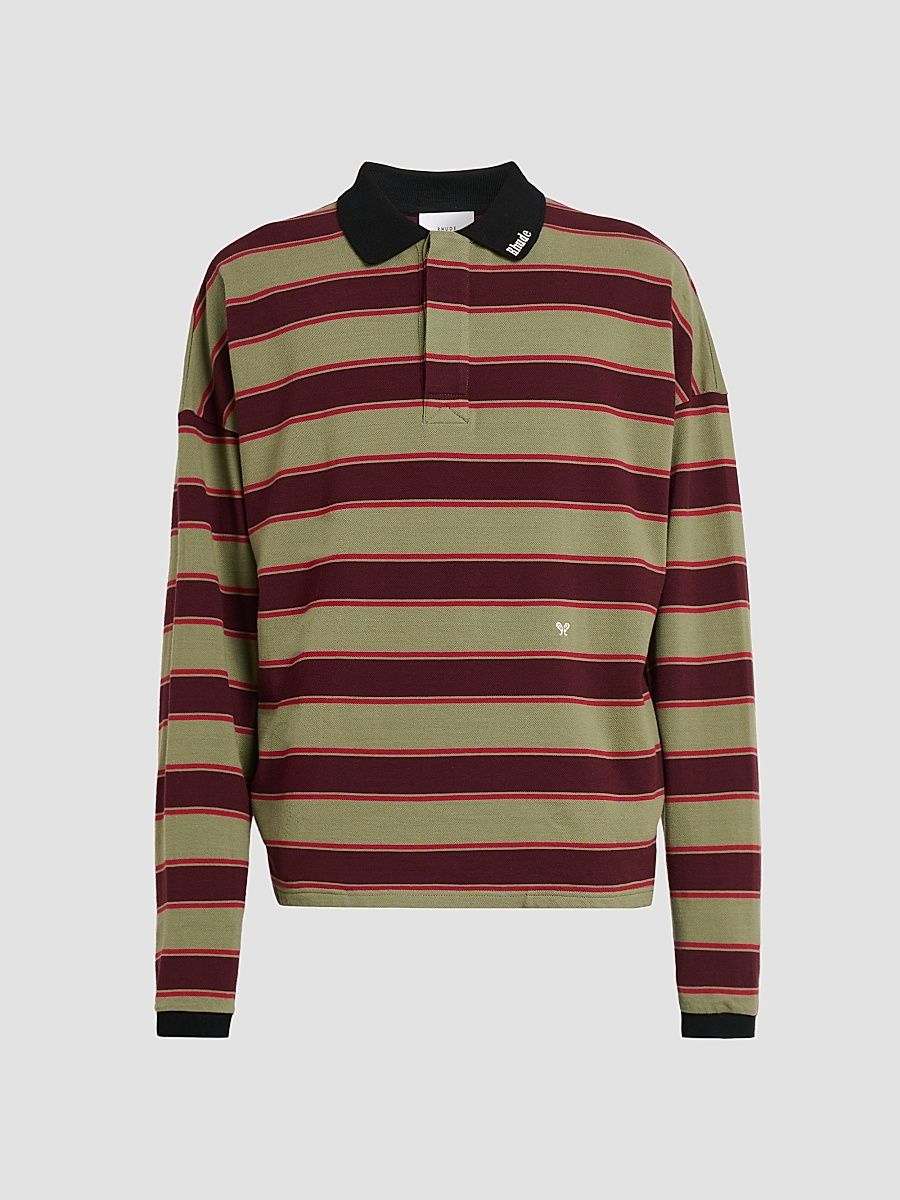 Rhude Men's Fontaine Striped Cotton Polo Shirt - Brodeaux Olive Green - Size XL