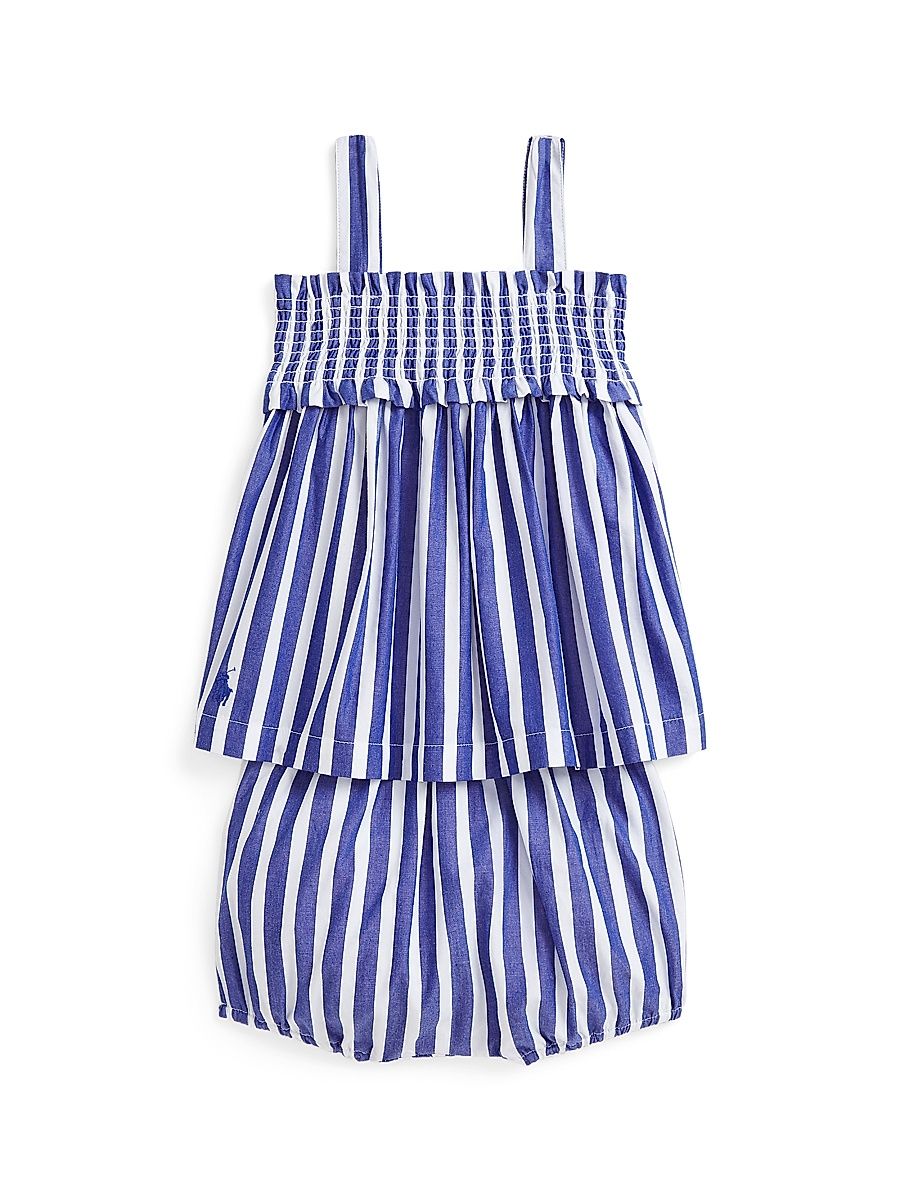 Baby Girl's Striped Cotton Poplin Tank Top & Shorts Set - Royal White - Size 9 Months