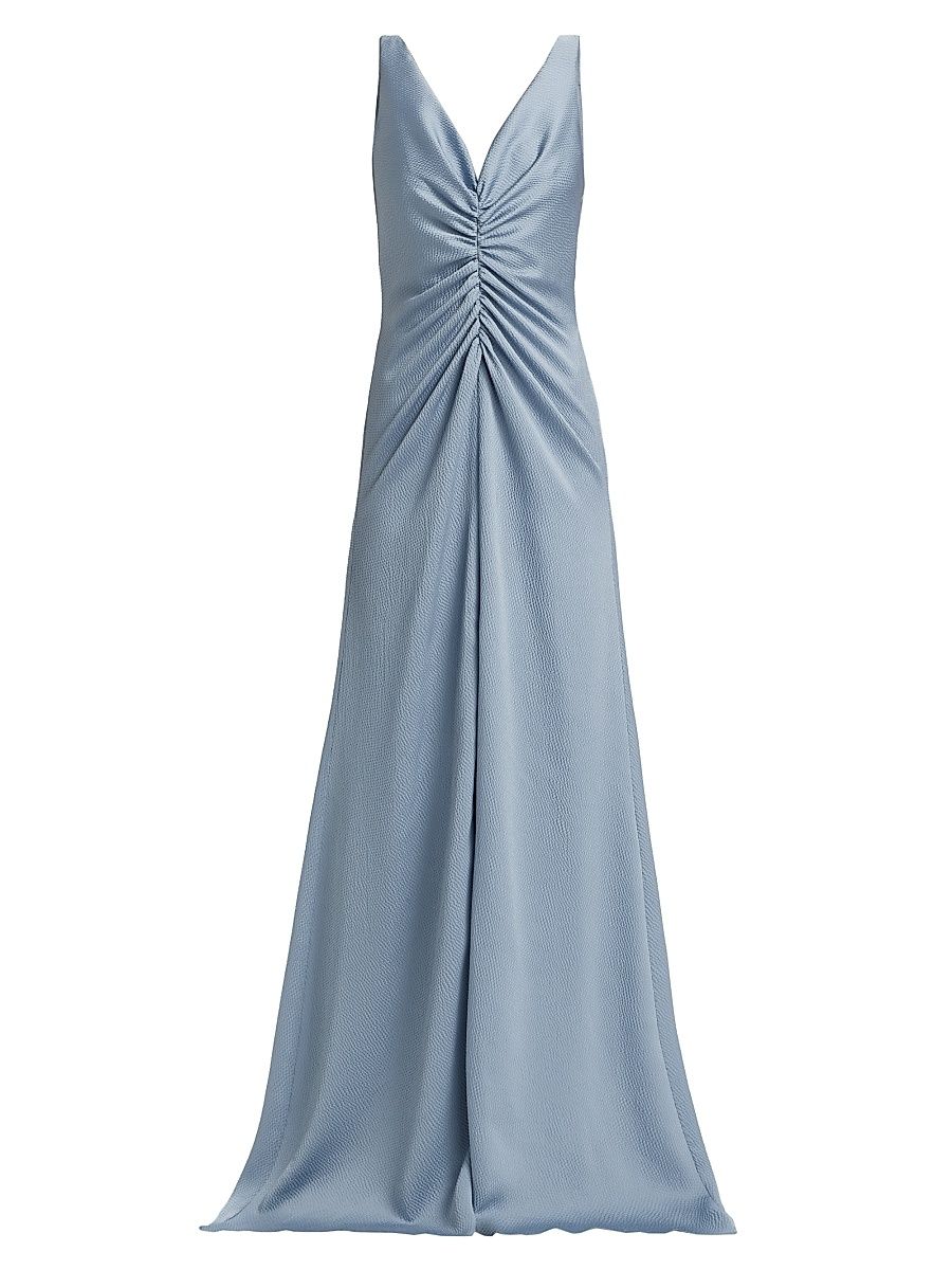 Women's Satin Cinched V-Neck A-Line Gown - Smokey Blue - Size 8