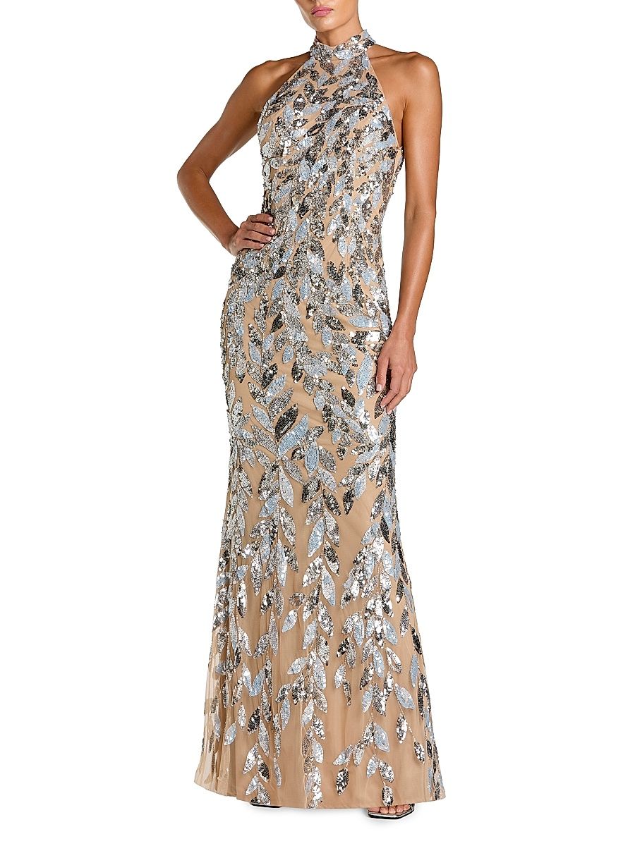Women's Hand-Beaded Mesh Mermaid Gown - Silver Beige - Size 12