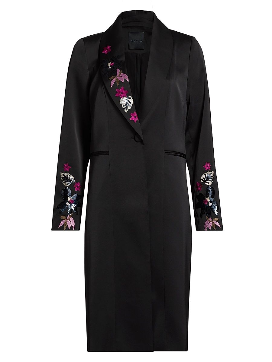 Women's Heather Floral Embroidered Coat - Noir With Holiday Embroidery - Size 8