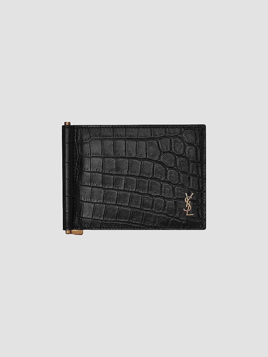 Saint Laurent Men's Tiny Cassandre Bill Clip Wallet in Crocodile-Embossed Matte Leather - Black