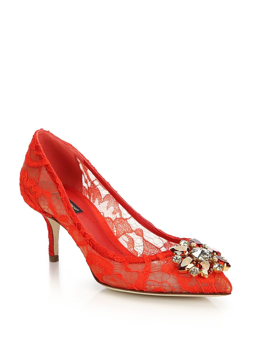 Embellished Lace Point Toe Pumps - Red - Size 10.5