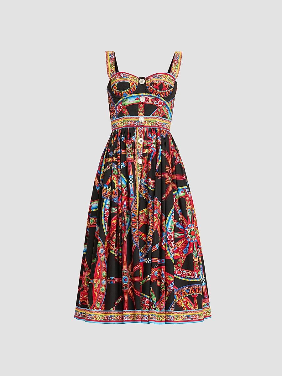 Women's Geometric Cotton Sweetheart Midi-Dress - Variante Abbinata - Size 12