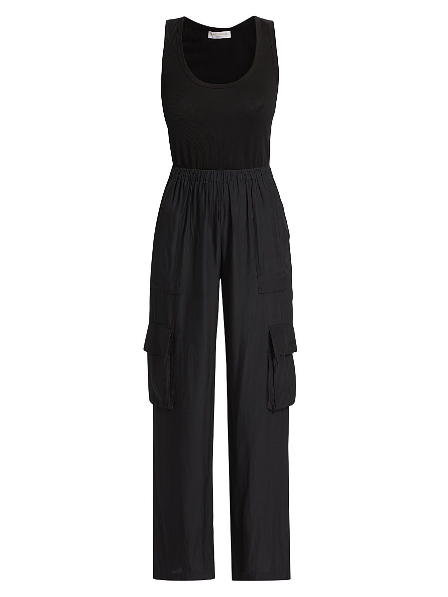 Women's Carys Mixed-Media Cargo Straight-Leg Jumpsuit - Black - Size Medium
