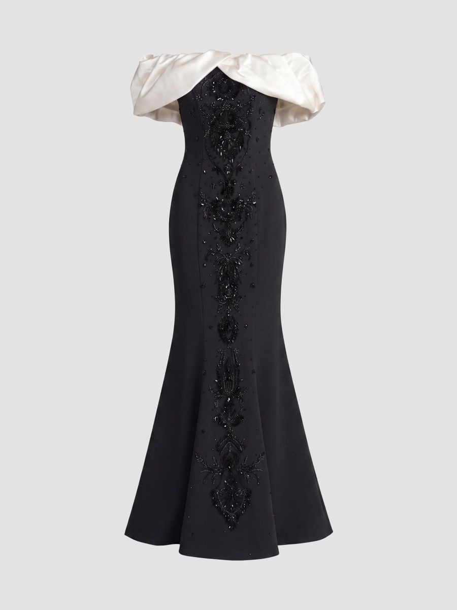 Mac Duggal Women's Embellished Crêpe Off-the-Shoulder A-Line Gown - Black Ivory - Size 16