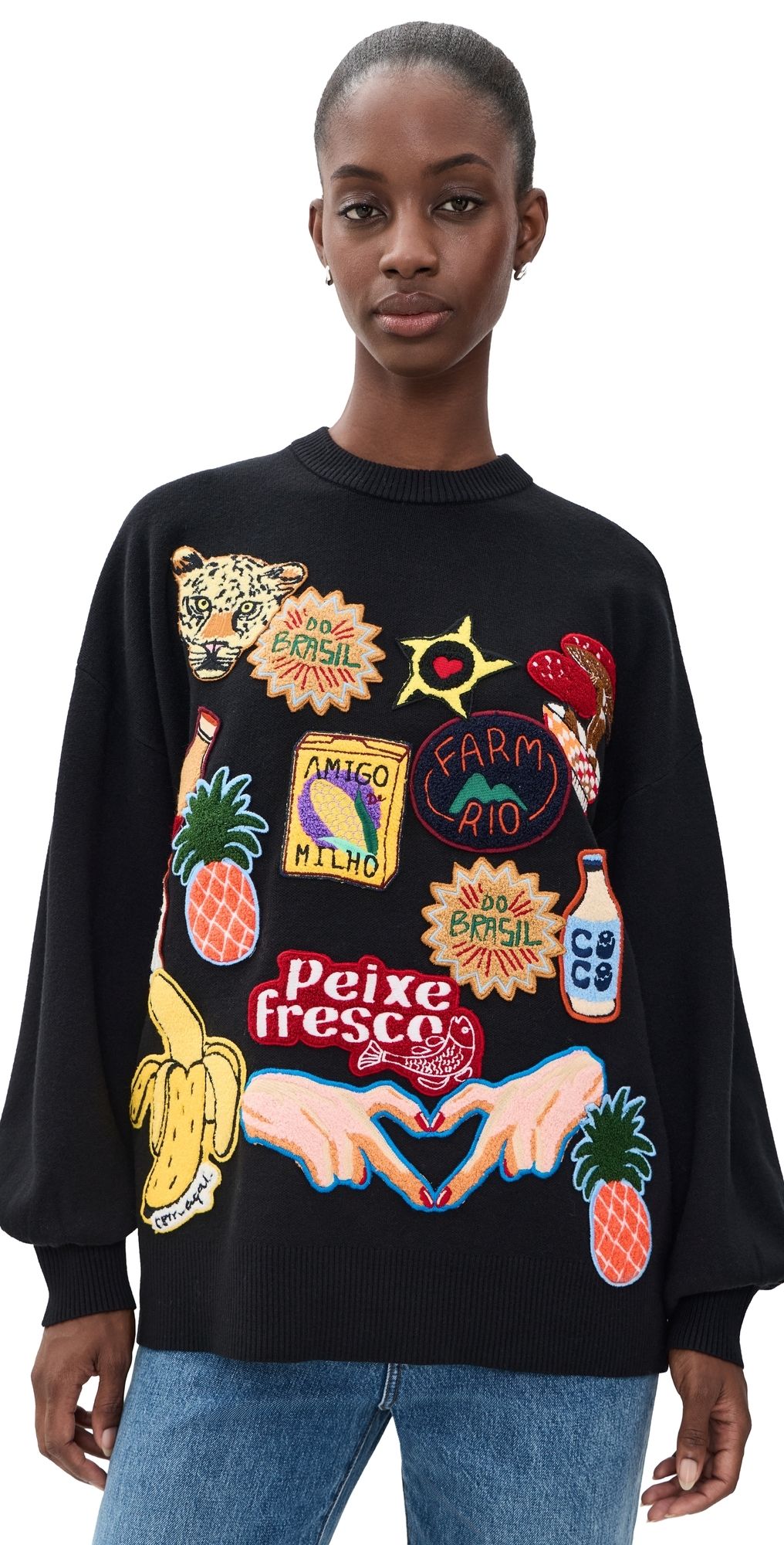 FARM Rio Tropical Patch Knit Sweater Black L