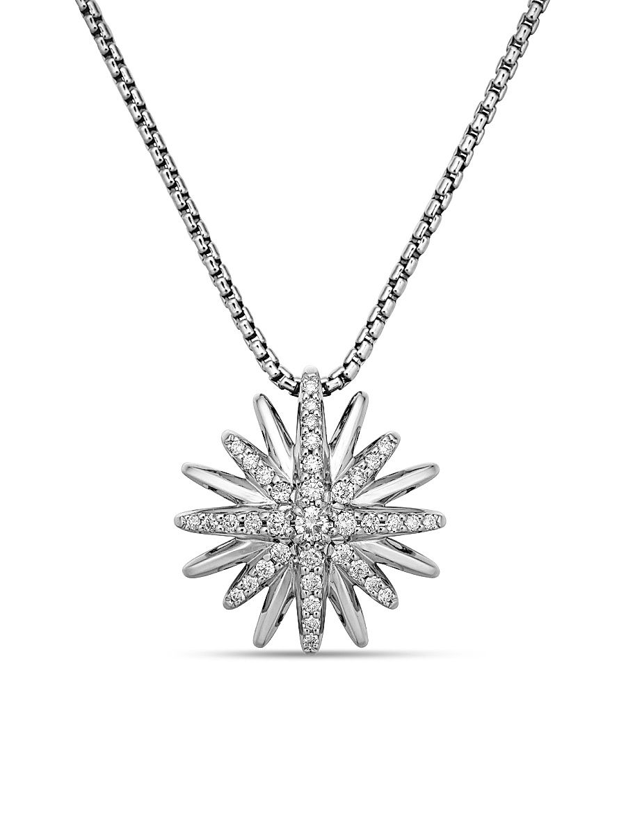Women's Starburst Pendant Necklace in Sterling Silver with Diamonds, 19mm - Diamond - Size 18