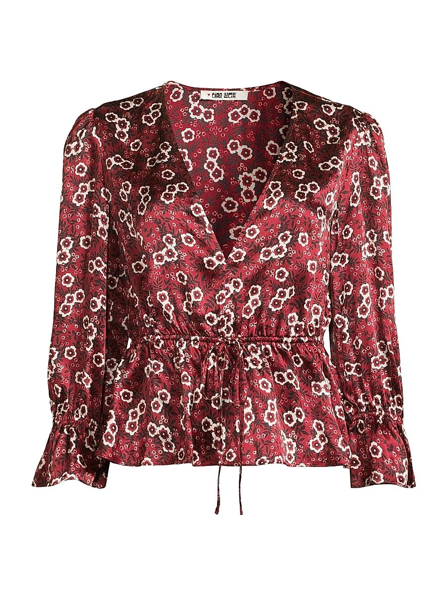 Women's Renata Floral Silk Charmeuse Top - Ruby - Size XXL