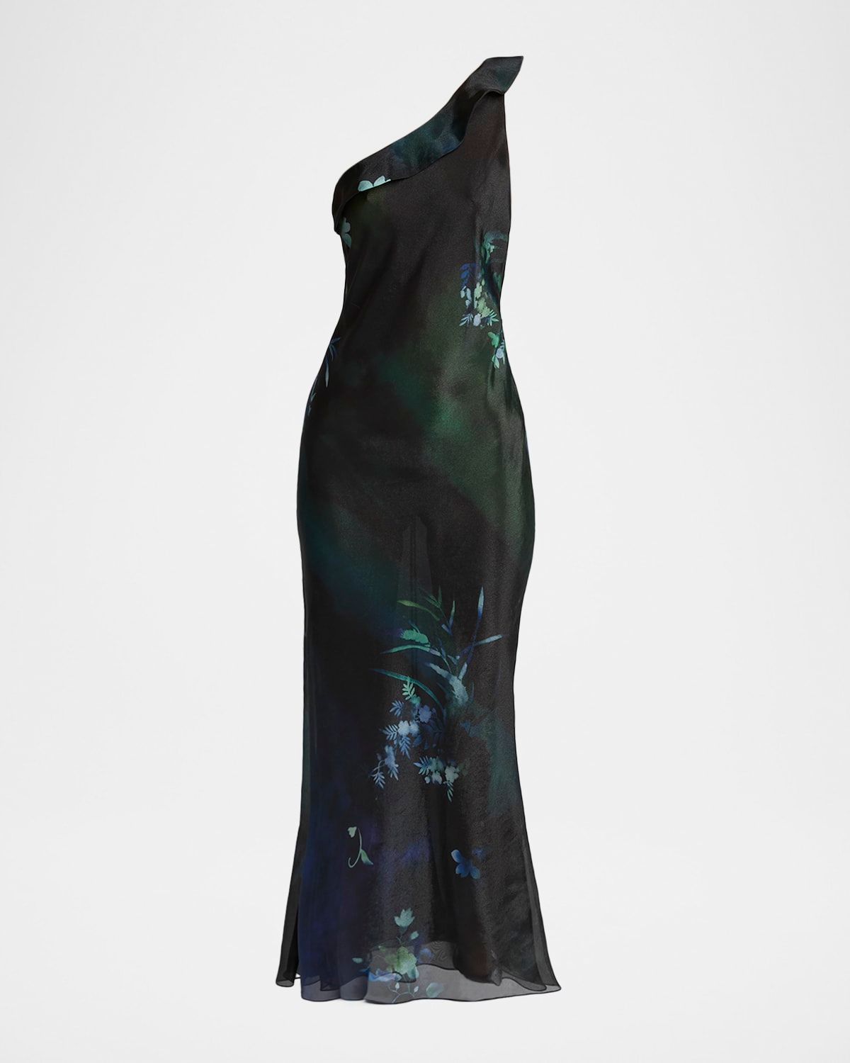 One-Shoulder Floral Silk Maxi Slip Dress