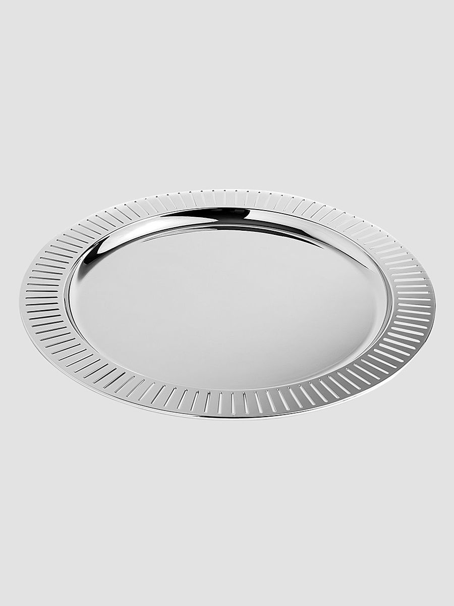 Striations Round Stainless Steel Serving Tray - Silver