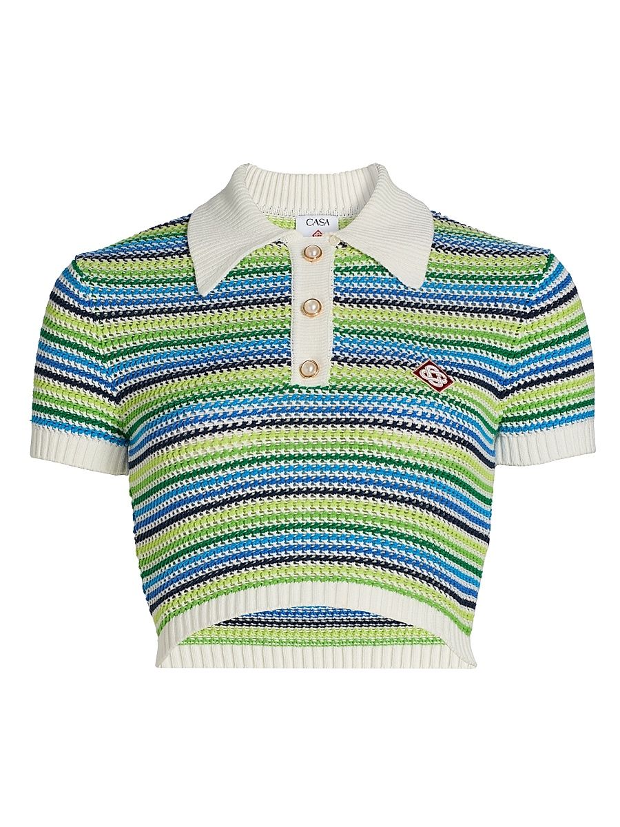 Women's Open-Knit Striped Crop Polo Shirt - Stripe - Size XL